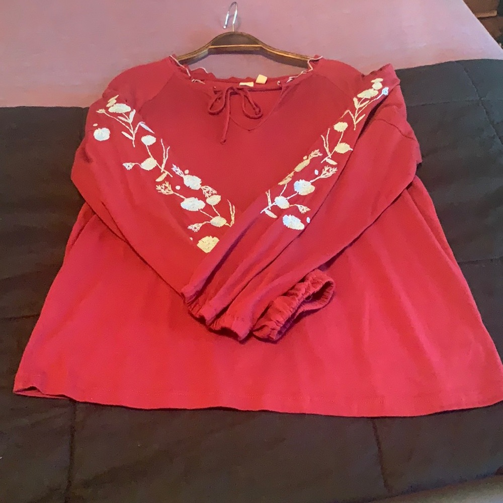 Dolan Red Shirt with Sky Blue Embroidered Sleeves